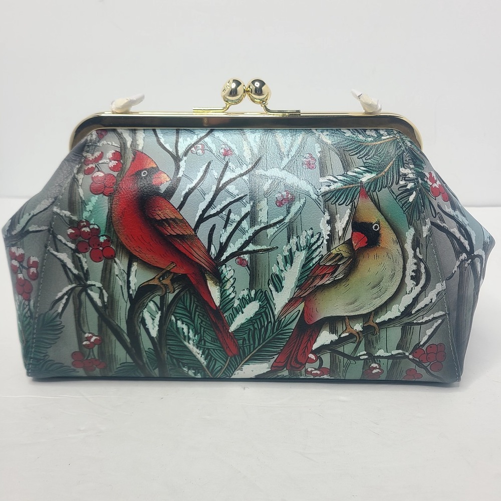 Anuschka Cardinal Hand Painted Kiss Lock Crossbody Clutch Purse Leather New